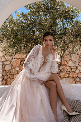 A-Line Wedding Dress with Detachable Lace Bishop Sleeves