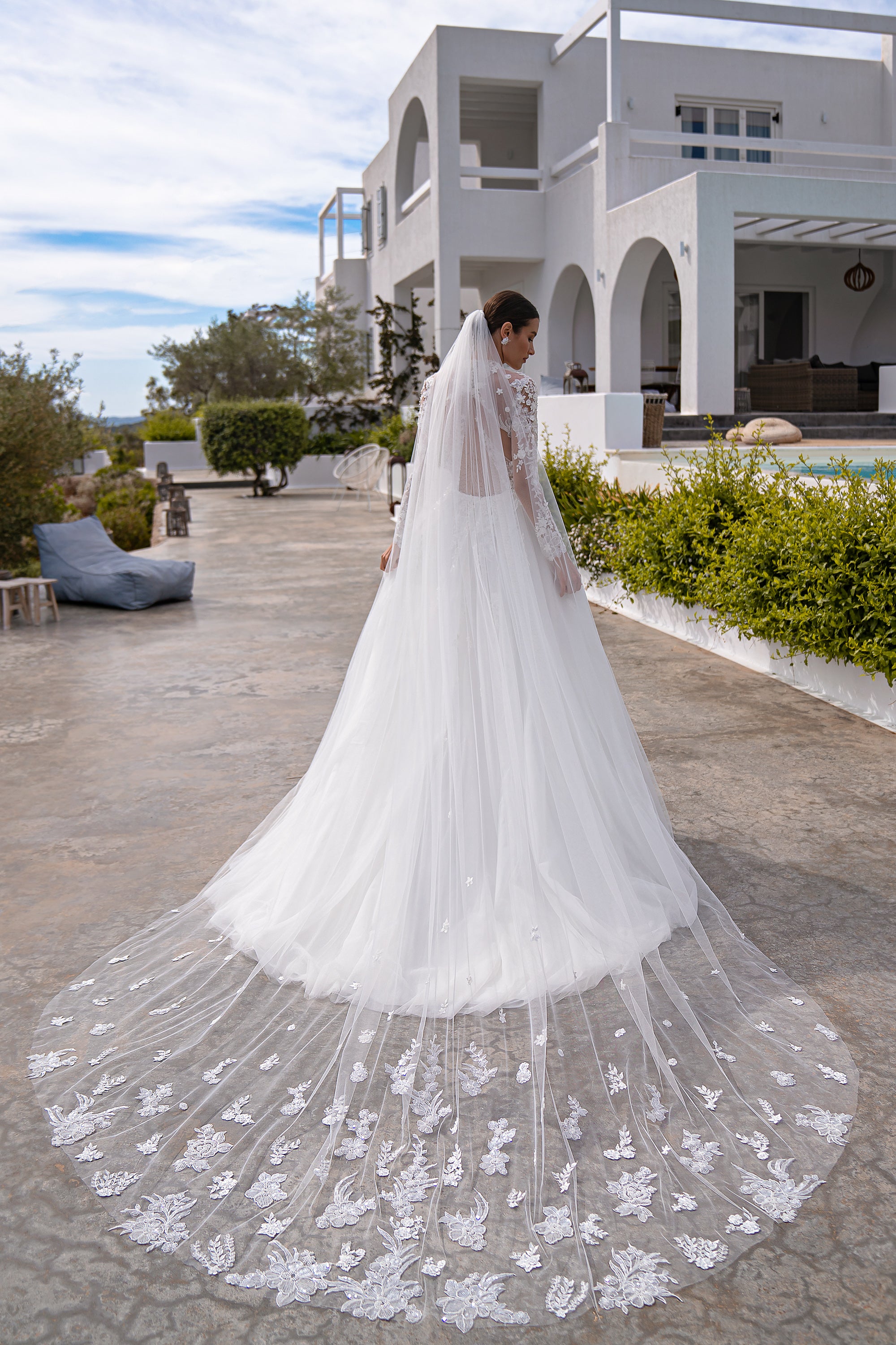 A-Line Wedding Dress with High Neck and Floral Lace