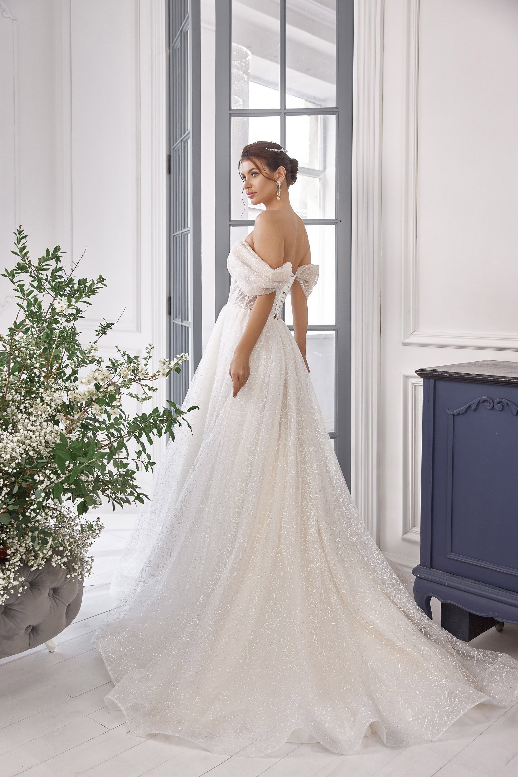 A-Line Wedding Dress with Off-the-Shoulder Sleeves and Sparkling Tulle