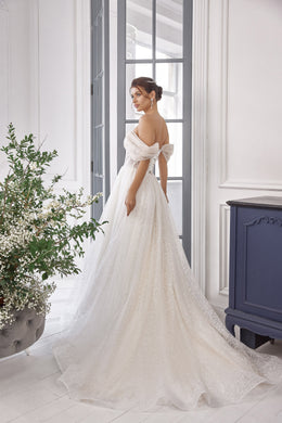A-Line Wedding Dress with Off-the-Shoulder Sleeves and Sparkling Tulle