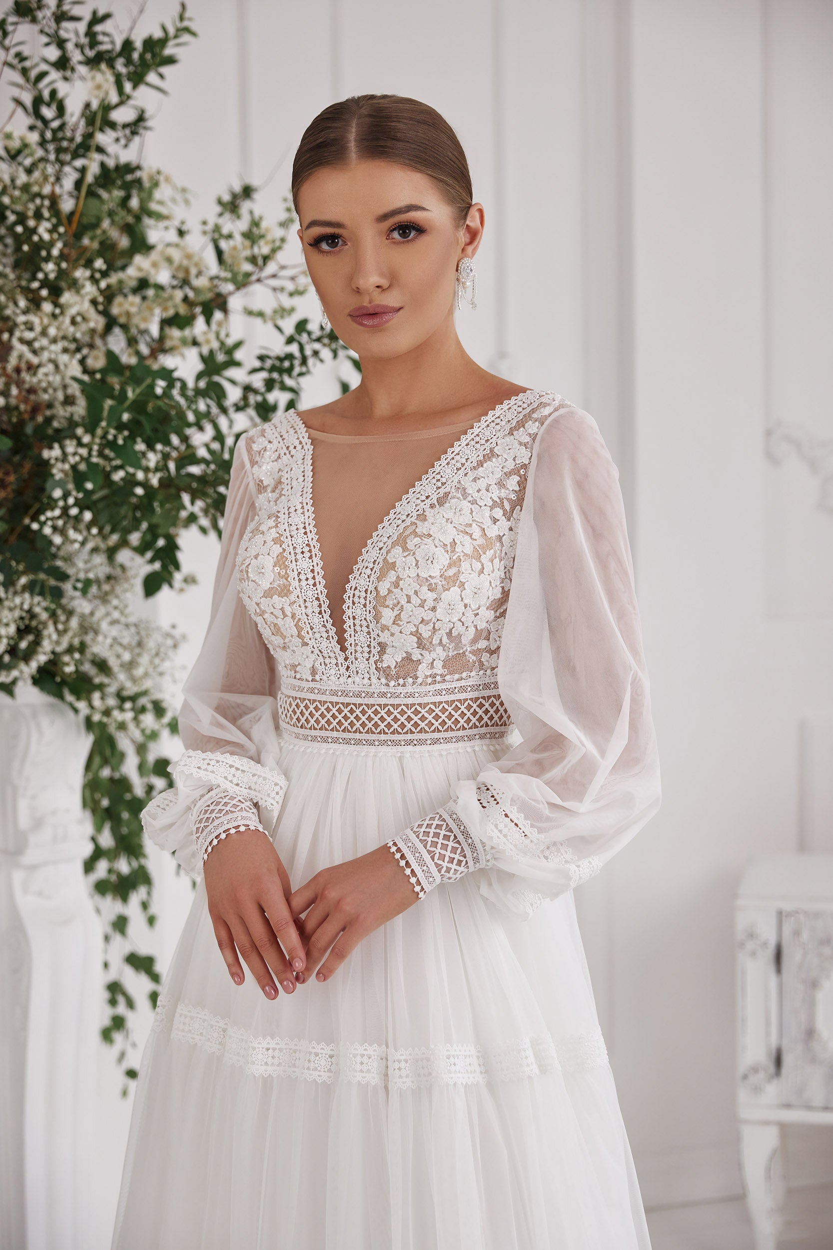 A-Line Wedding Dress with Bishop Sleeves and Lace Bodice