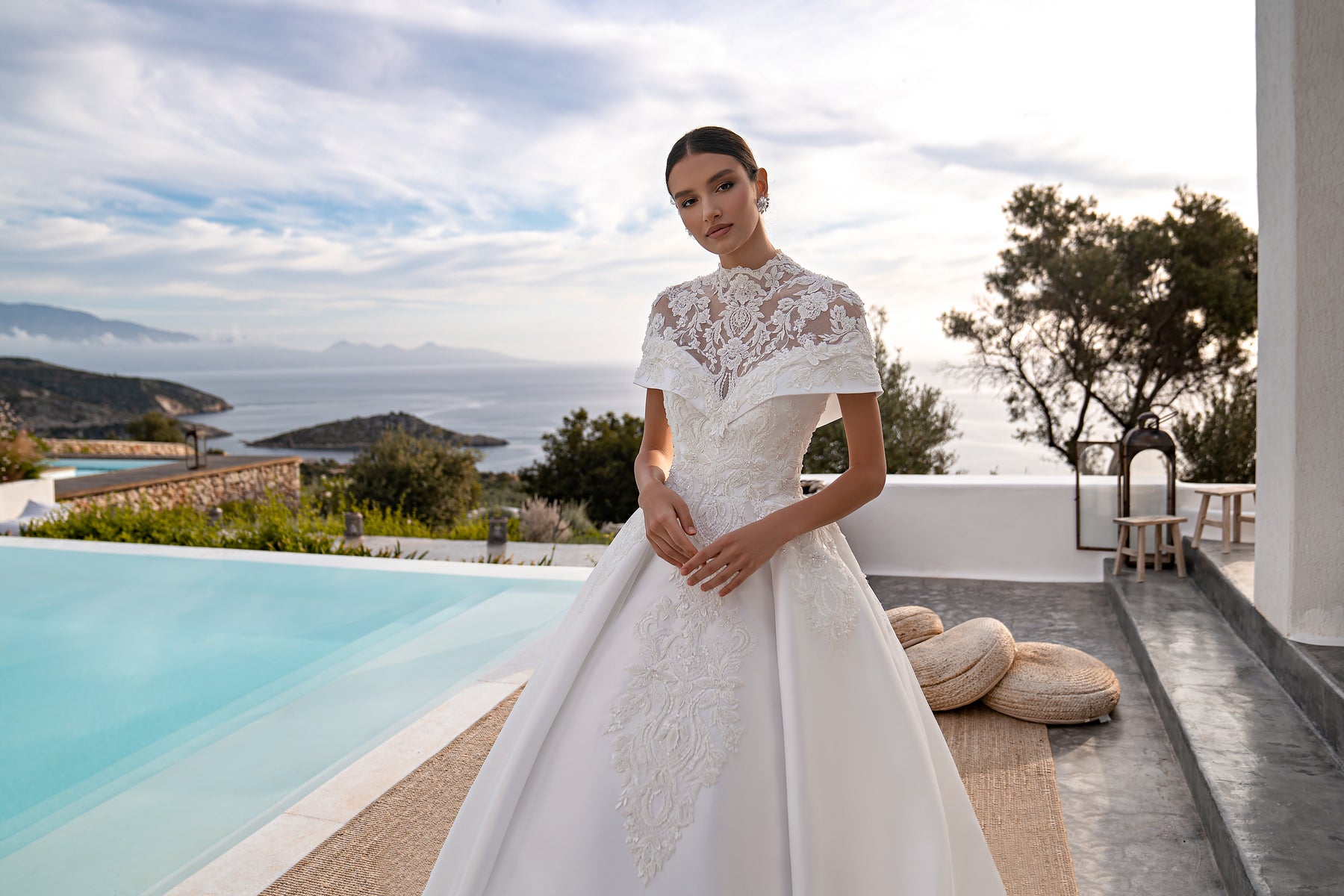 Princess Wedding Dress with Detachable Top, Guipure Collar, Soft Fabric Skirt & Long Train Embellished with Beads, Pearls, Crystals & Sequins