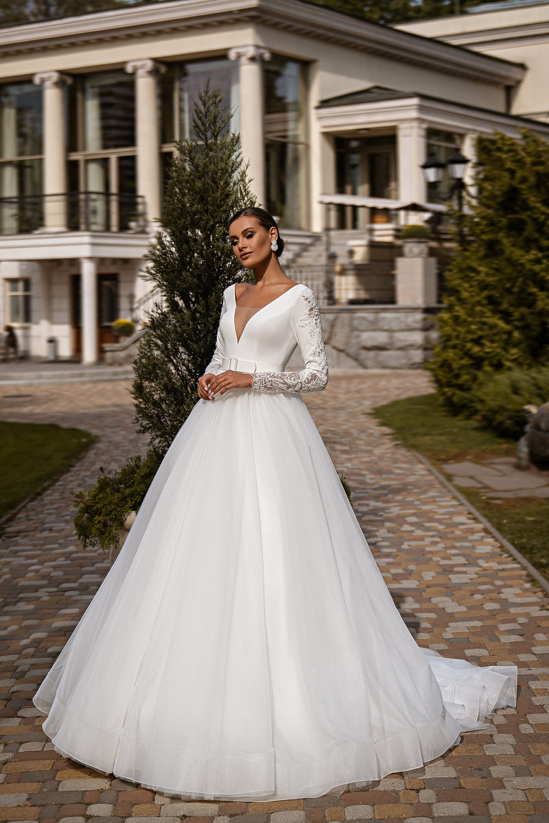 A-Line Wedding Dress with Plunging V-Neck and Beaded Lace Sleeves