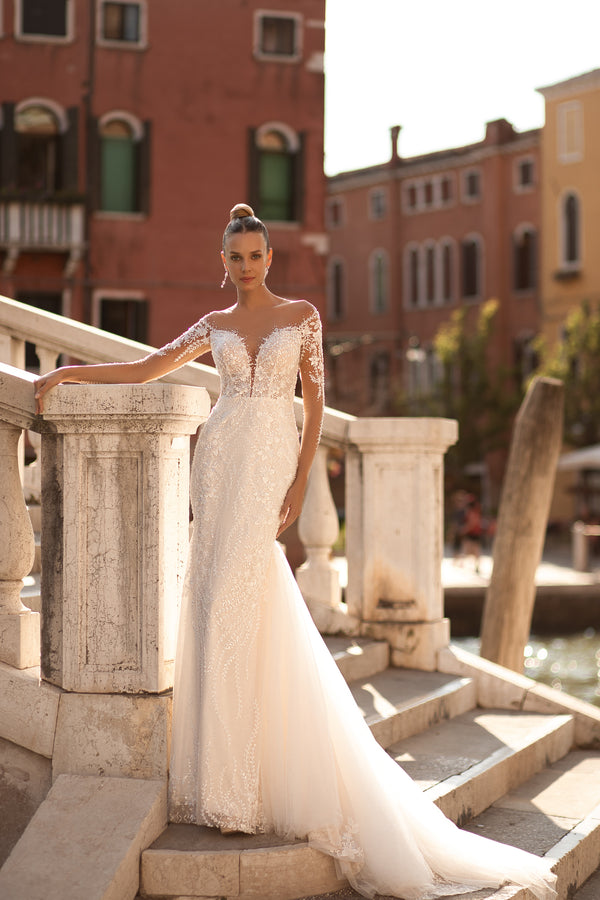 Mermaid Wedding Dress with Lace Long Sleeves, Deep V-Neck, and Tulle Train