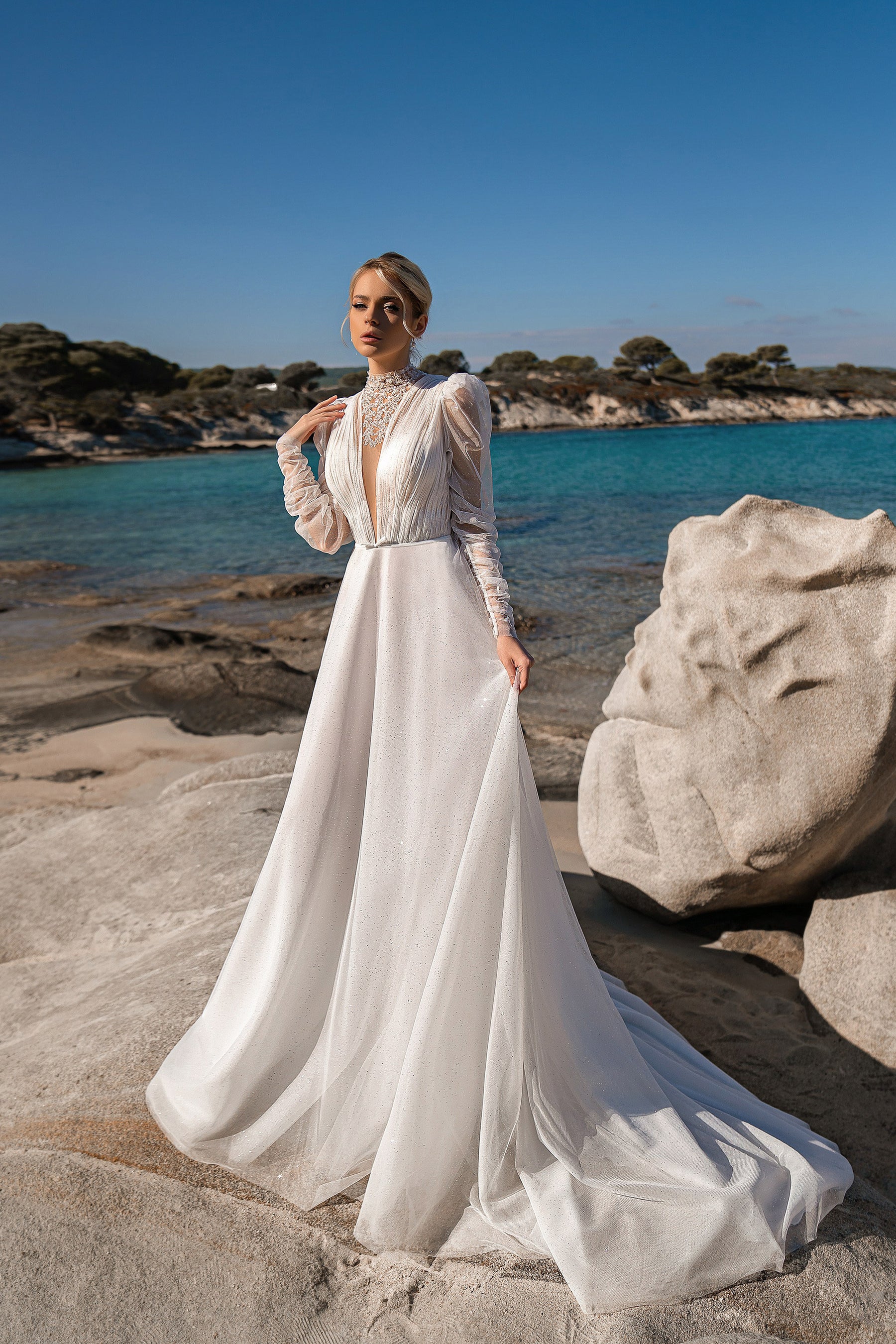 Sparkly A-Line Wedding Dress with High Neck and Long Sleeves