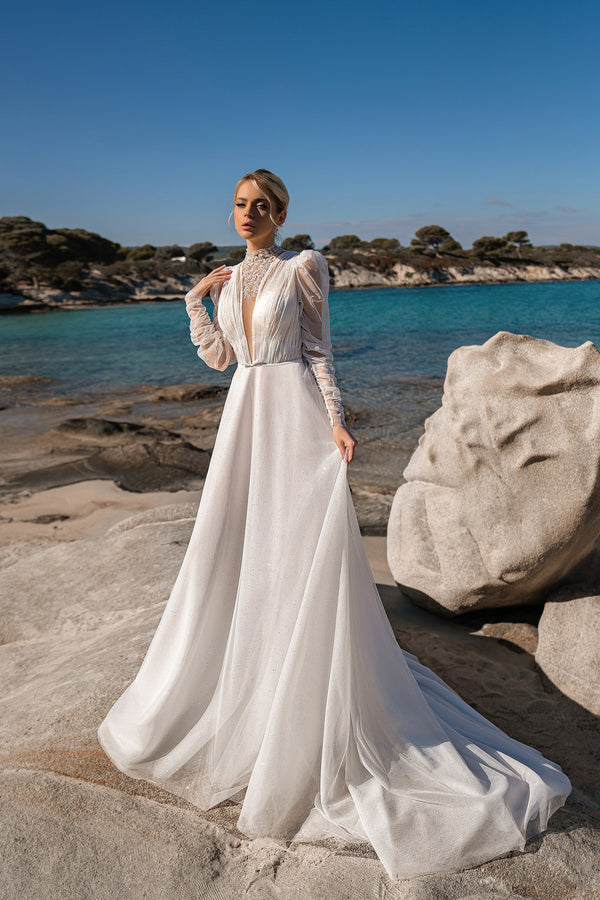 Sheath V-Neck Wedding Dress with Tulle, Stones, Sequins, and Long Sleeves