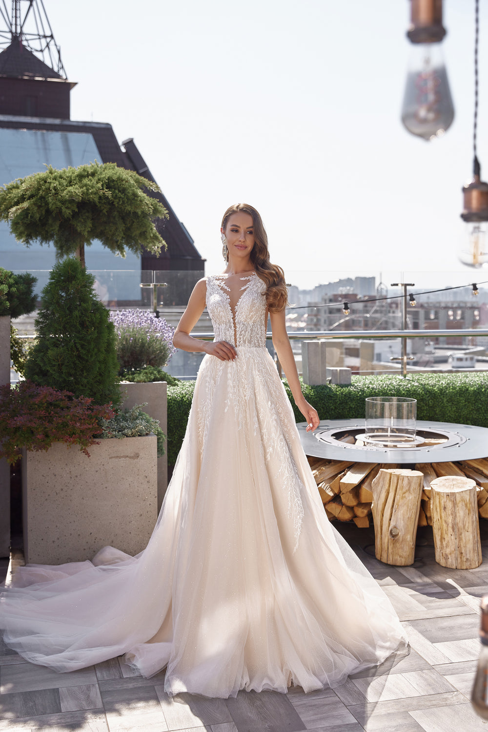 Romantic A-Line Wedding Dress with Lace Appliqués, Beaded Bodice, Illusion V-Neck, Sleeveless, Tulle Skirt, Cathedral Train