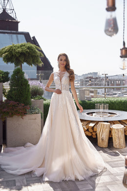 Romantic A-Line Wedding Dress with Lace Appliqués, Beaded Bodice, Illusion V-Neck, Sleeveless, Tulle Skirt, Cathedral Train