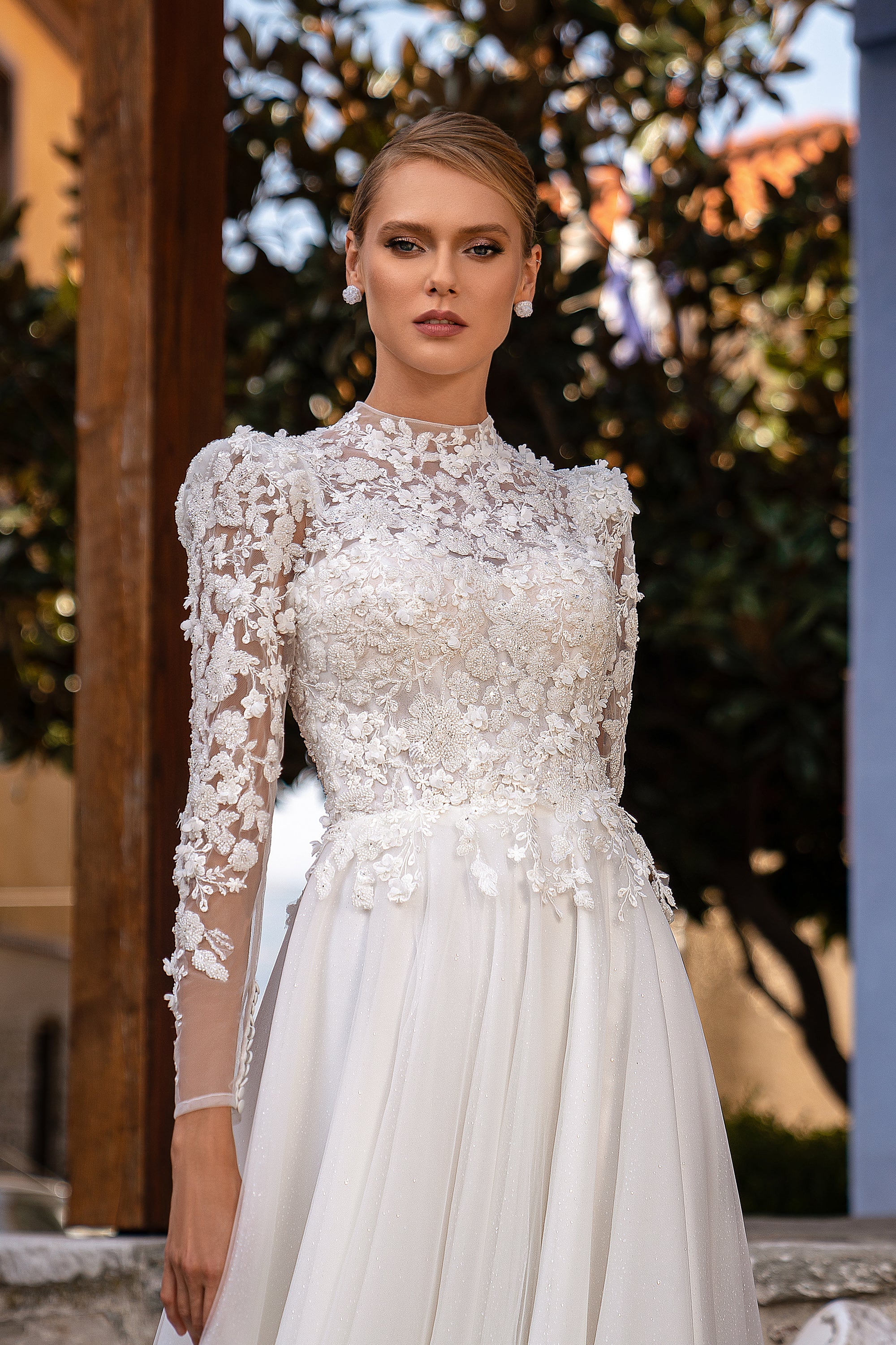 Romantic Wedding Dress with Voluminous Buttoned Sleeves and Sparkling Skirt with Train - Embroidered 3D Guipure with Beads, Rhinestones and Sequins