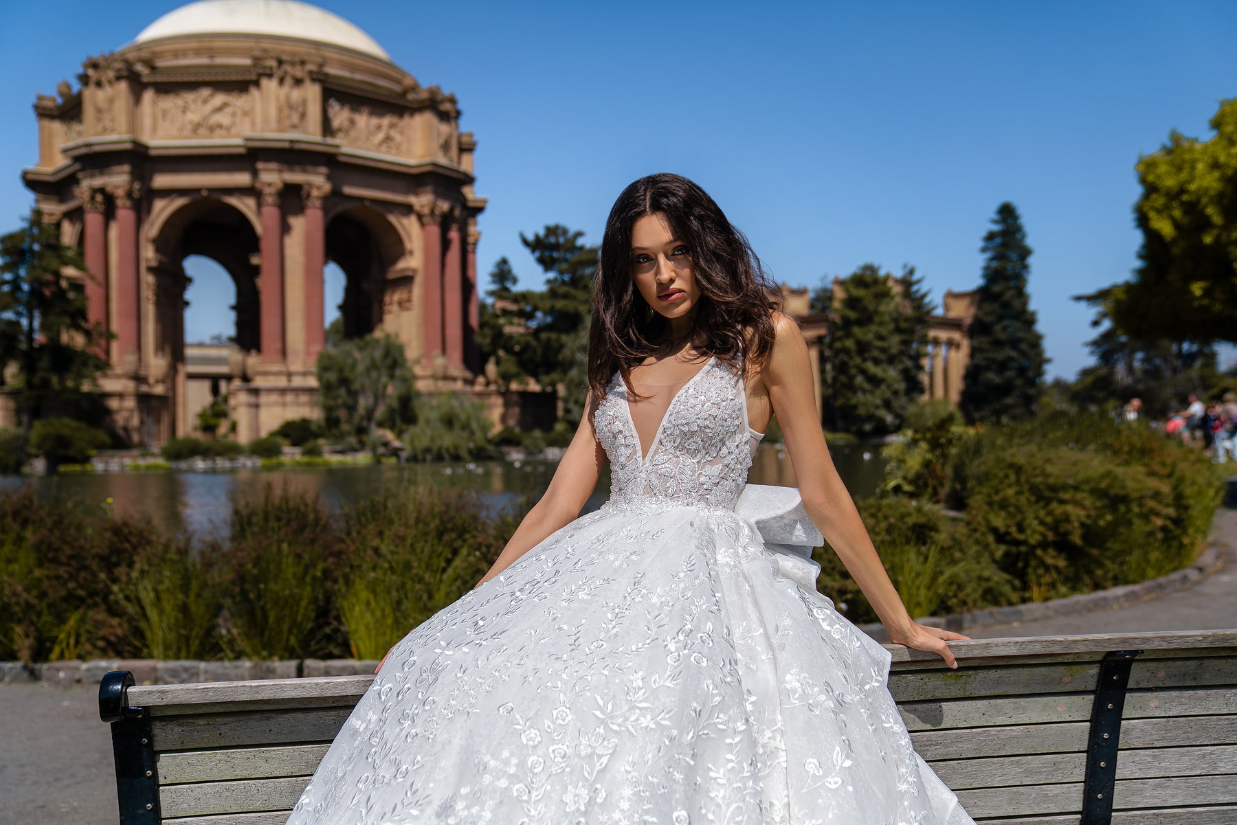 Ball Gown Wedding Dress with Plunging V-Neckline and Bow Back