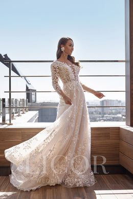 A-Line Wedding Dress With Floral Lace Appliqués, Illusion Neckline, Long Sleeves, Lace Over Tulle, Cathedral Train, Floor-Length, Romantic