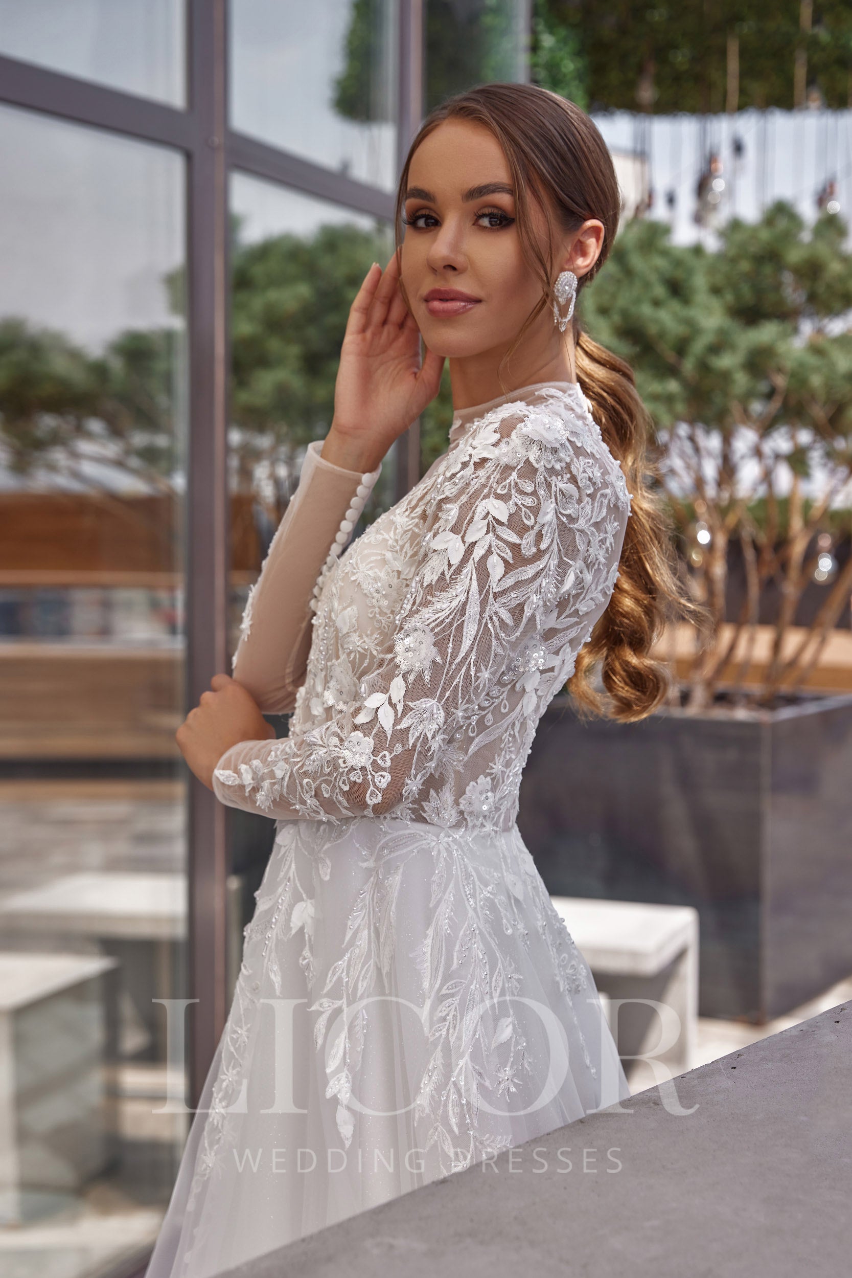 A-Line Wedding Dress with Lace Appliqués, Floral Embroidery, Illusion Neck, Long Sleeves, Tulle Skirt, Cathedral Train, Romantic