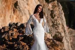 Mermaid Wedding Dress with Deep V-Neck and Flared Lace Sleeves