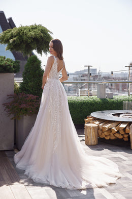 Romantic A-Line Wedding Dress with Lace Appliqués, Beaded Bodice, Illusion V-Neck, Sleeveless, Tulle Skirt, Cathedral Train