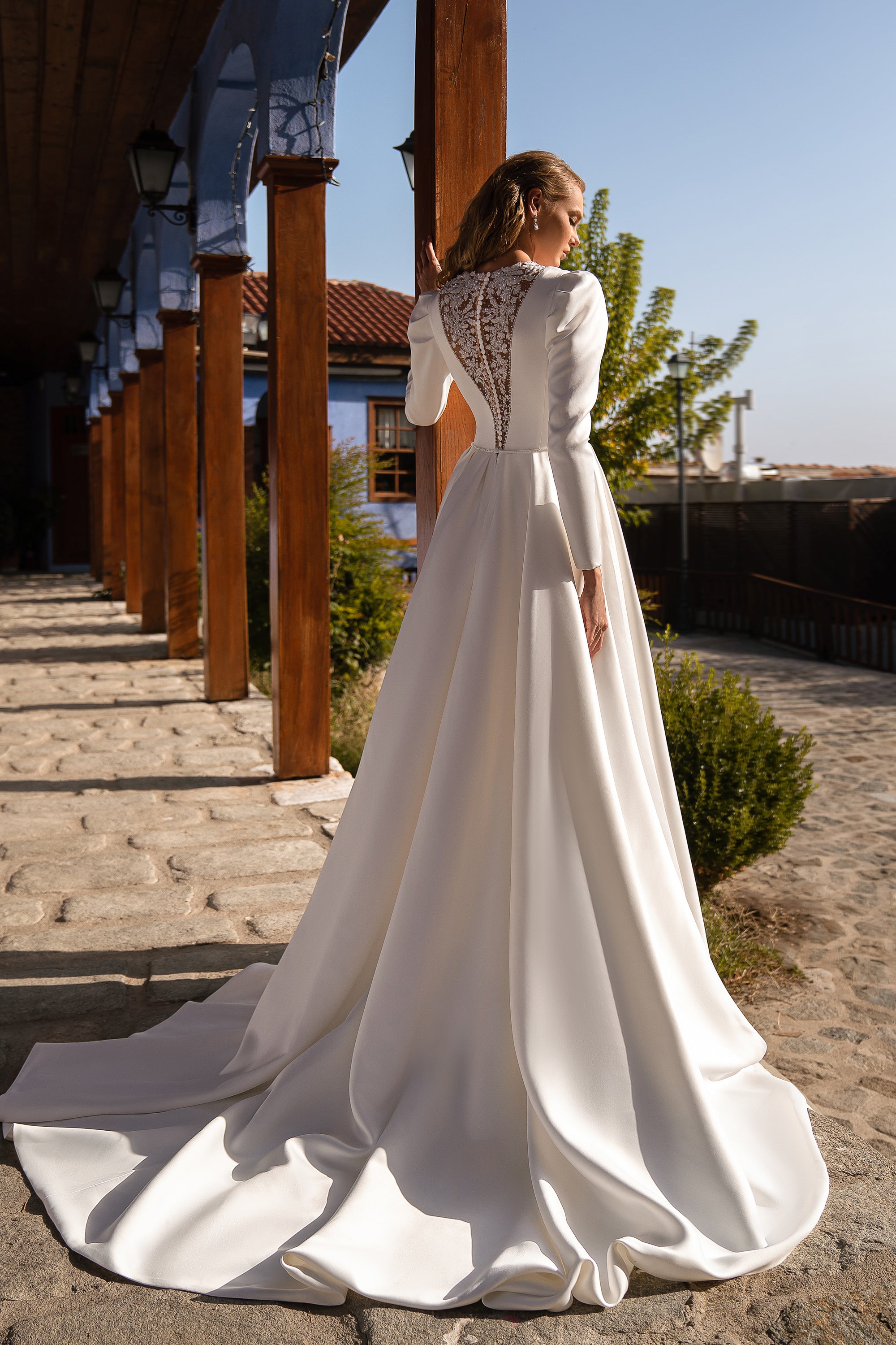 Satin Wedding Dress with Plunging Back and Neckline, Embroidered Guipure with Beads, Hand-Embroidered Pearls and Sequins, and Mermaid Skirt - Save the Wedding Drama!