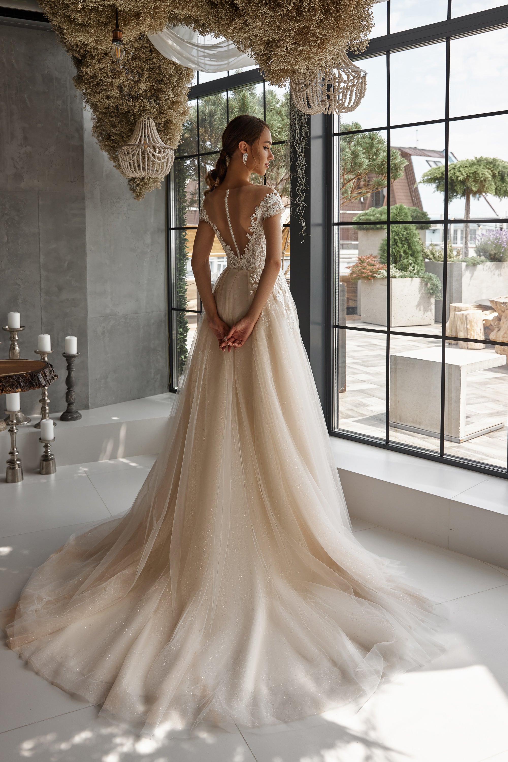 Romantic A-Line Wedding Dress With Lace Appliqués And Beading On Bodice, Off-The-Shoulder Neckline, Tulle Skirt And Cathedral Train