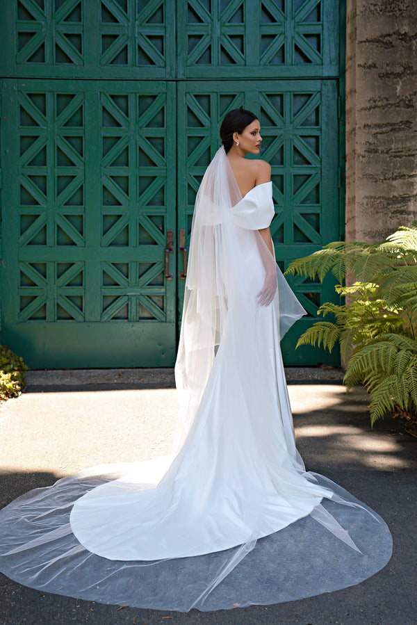 Romantic Minimalistic Veil with Lapel from Thin Tulle, Embroidered with Beads, Pearls and Stone, Loops for Easy Attachment to Hair - 2.65x2.5m (3.5x2.5m)