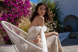 Champagne Beaded Sheath Wedding Dress with Tulle Bow Sleeves