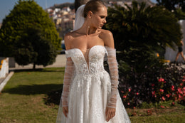Luxurious Off-the-Shoulder Wedding Dress with Detachable Draped Sleeves and V-Neckline - Embroidered Guipure with Sequins and Soft Tulle Bodice with Beaded Appliqués