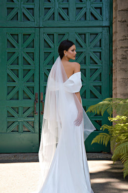 Romantic Minimalistic Veil with Lapel from Thin Tulle, Embroidered with Beads, Pearls and Stone, Loops for Easy Attachment to Hair - 2.65x2.5m (3.5x2.5m)