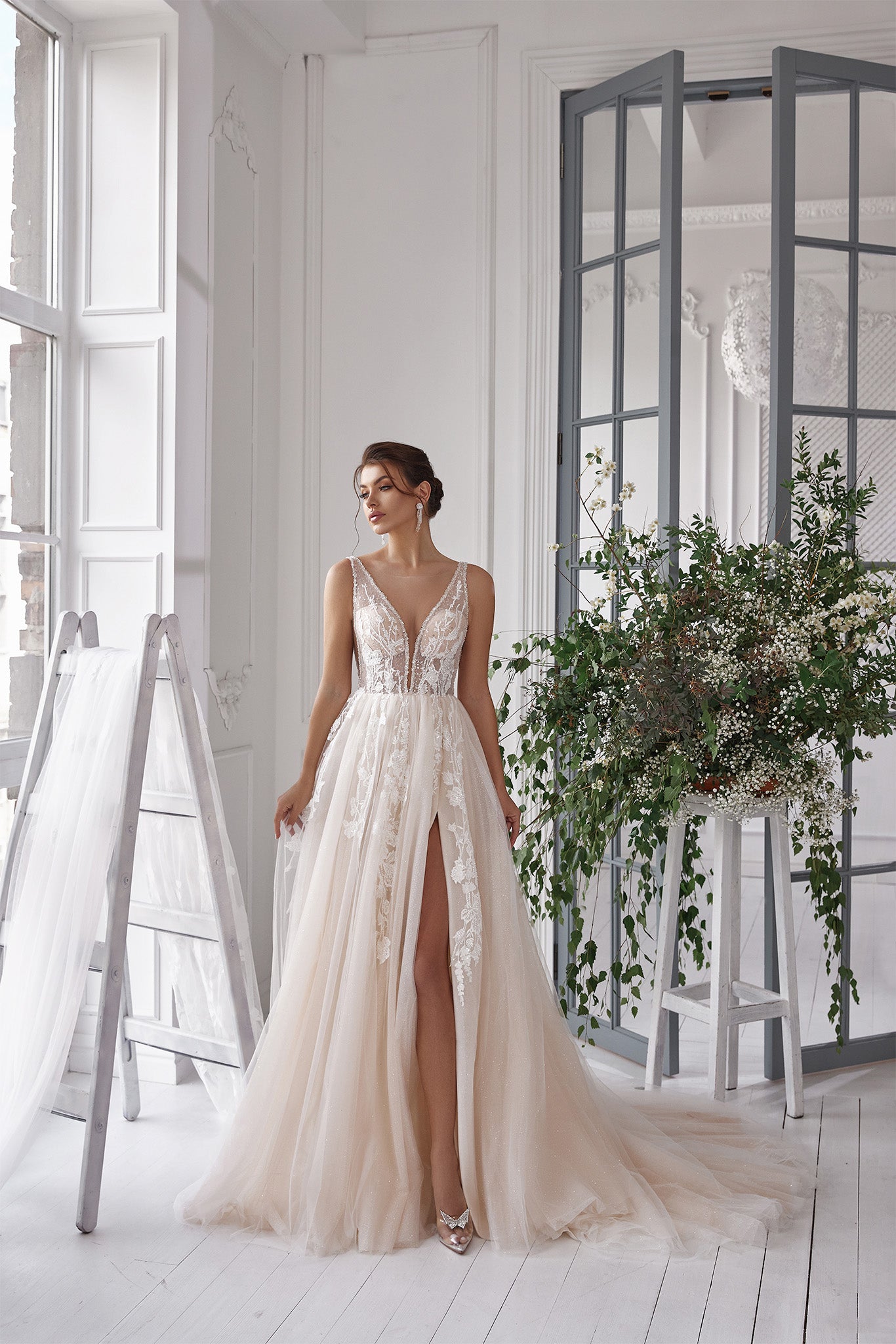 A-Line Wedding Dress with Floral Lace Appliqués and Slit