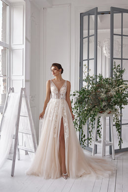A-Line Wedding Dress with Floral Lace Appliqués and Slit