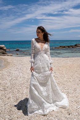 Wedding Dress with Long Sleeves, Guipure-Macrame, Lace Embroidered with Velvet Thread, Deep V-Neck, Boho Belt Waistline