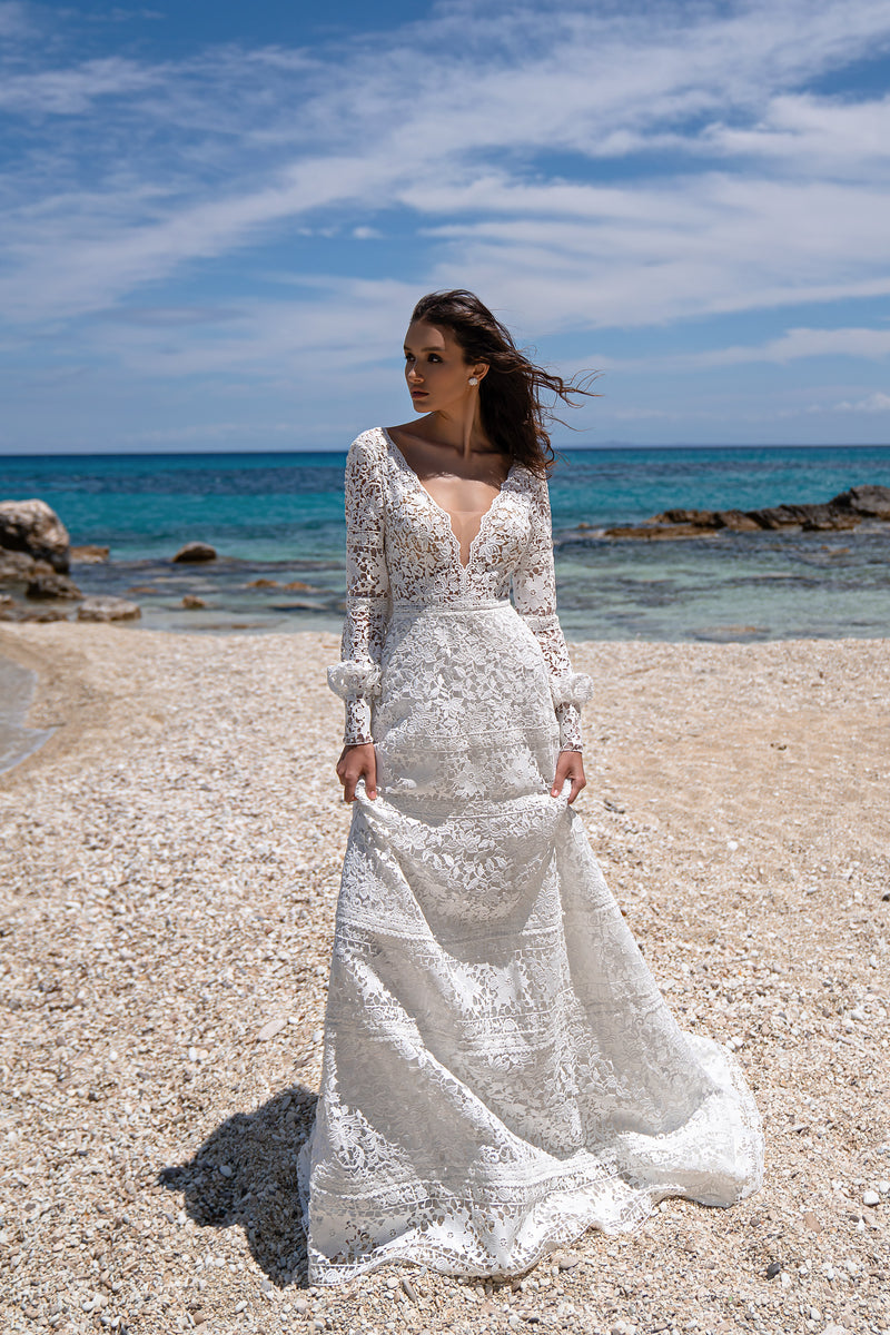 A-Line Lace Wedding Dress with Deep V-Neck and Long Sleeves