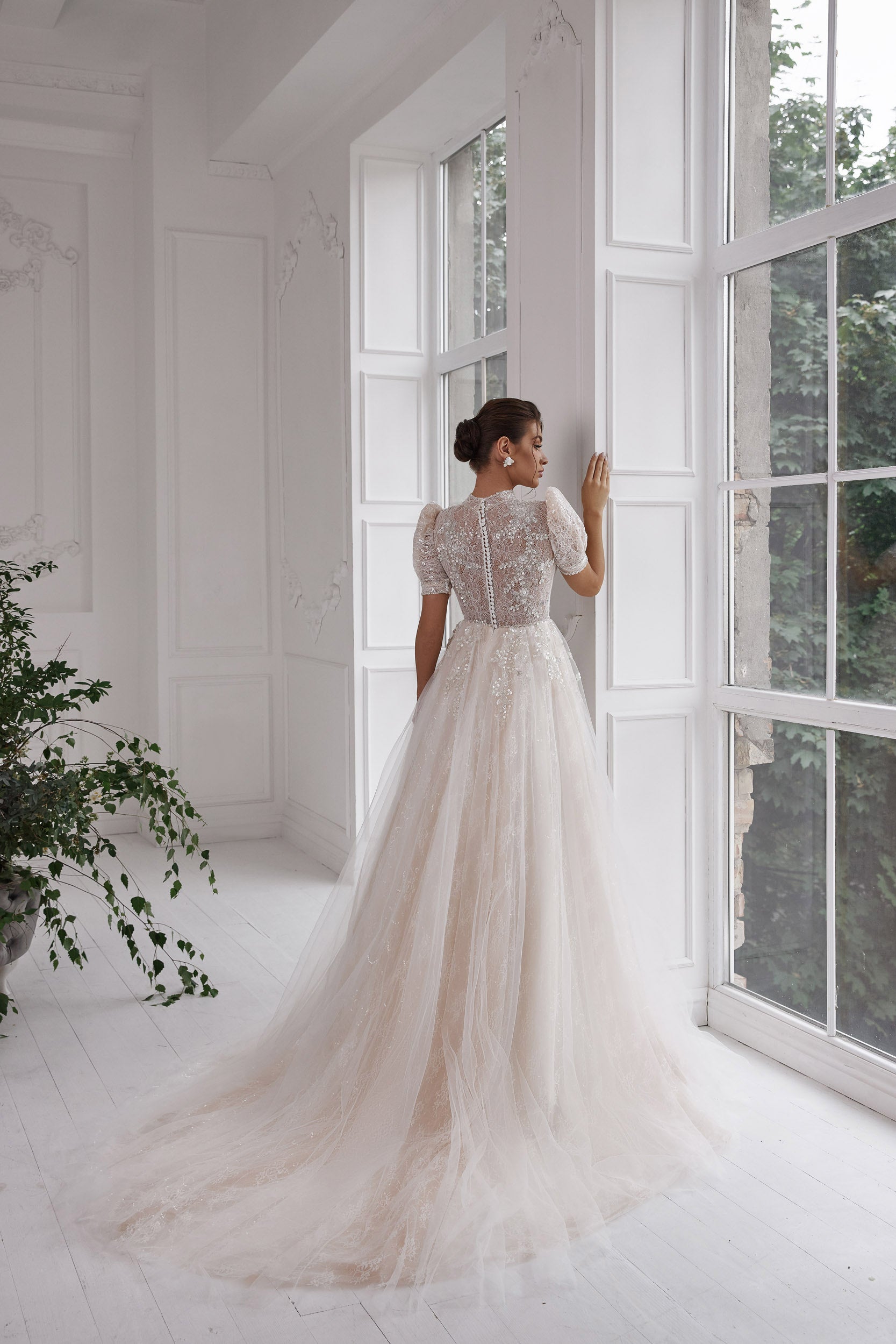 A-Line Wedding Dress with High Neck and Puff Sleeves