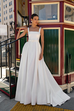 Satin A-Line Wedding Dress with Detachable Lace Sleeves