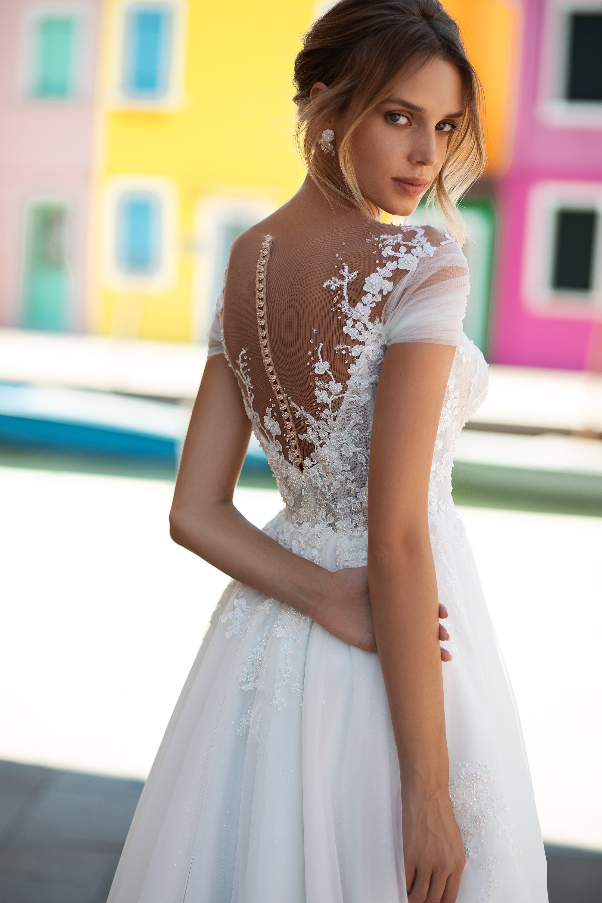 Light Tulle Bridal Dress with Court Train, Buttons at Back, and Short Sleeves