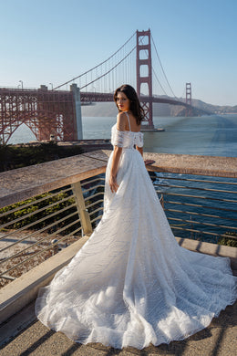 Sheath Wedding Dress with Off-the-Shoulder Draped Bodice