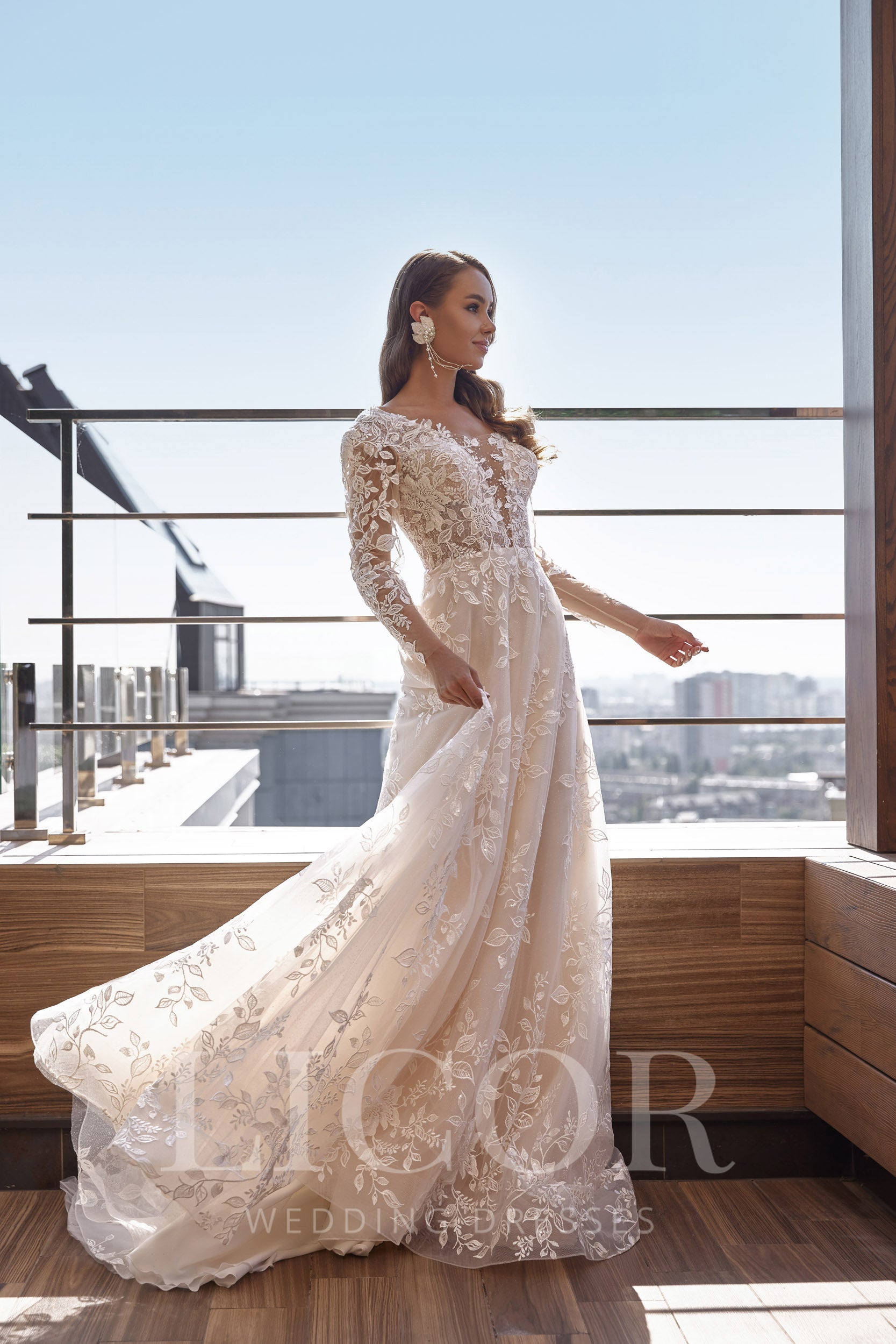 A-Line Wedding Dress With Floral Lace Appliqués, Illusion Neckline, Long Sleeves, Lace Over Tulle, Cathedral Train, Floor-Length, Romantic