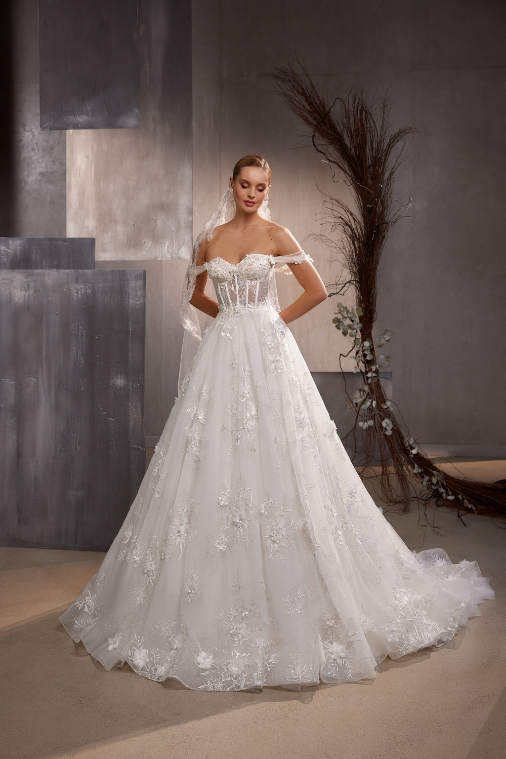 Romantic Wedding Guipure Dress with Fluffy A-Line Skirt and Train, Embroidered with Silver Thread and Sequins, Translucent Corset and Tulle Shoulder Strap, Decorated with 3D Flowers
