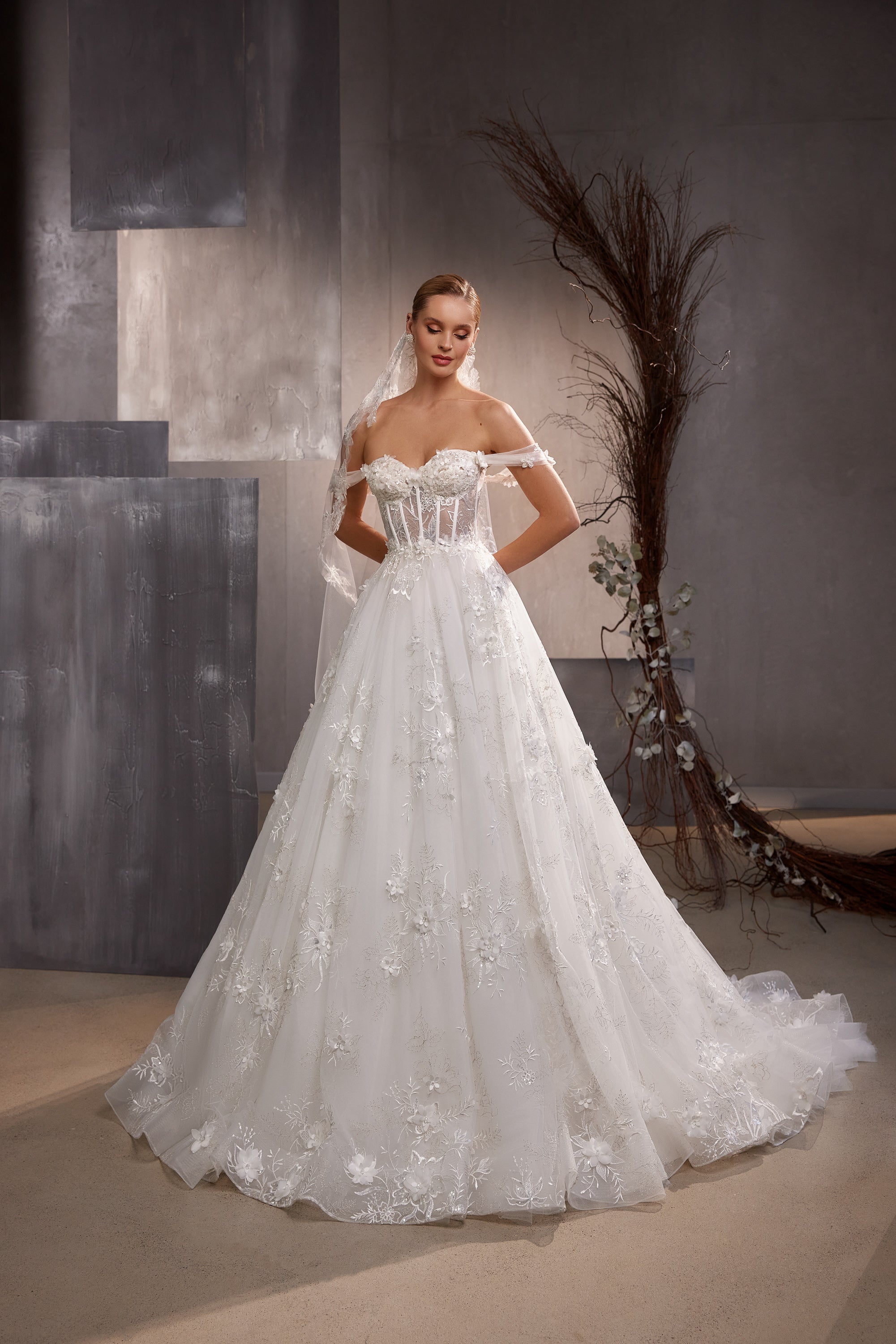 Ball Gown Wedding Dress with Floral Off-The-Shoulder Bodice