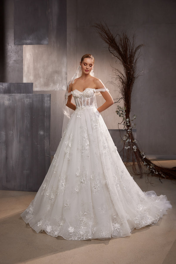 Romantic Wedding Guipure Dress with Fluffy A-Line Skirt and Train, Embroidered with Silver Thread and Sequins, Translucent Corset and Tulle Shoulder Strap, Decorated with 3D Flowers