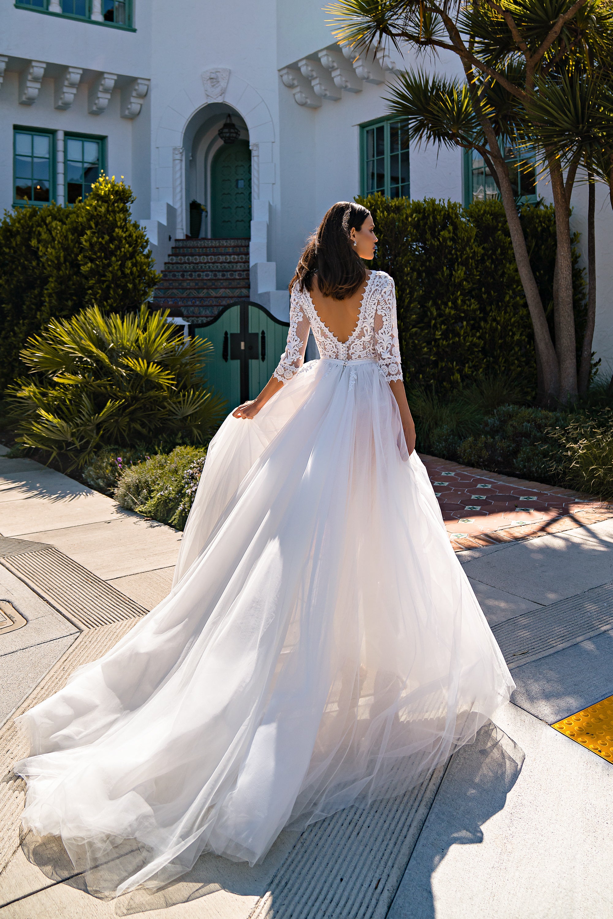 A-Line Wedding Dress with Lace Sleeves and Slit