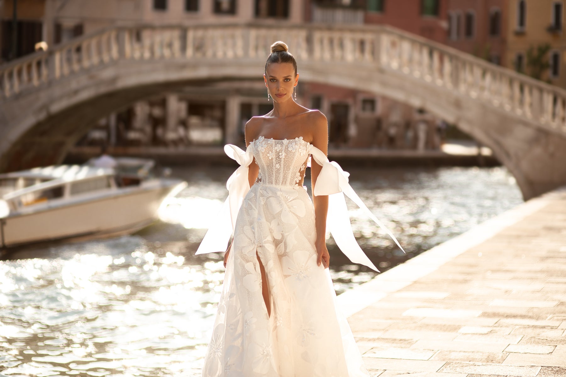 Stunning A-Line Wedding Dress with Slit Skirt, Flower Lace, Off-the-Shoulder, Zipper & Low Back, 3D Lace Top & Transparent Corset
