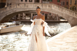 Stunning A-Line Wedding Dress with Slit Skirt, Flower Lace, Off-the-Shoulder, Zipper & Low Back, 3D Lace Top & Transparent Corset