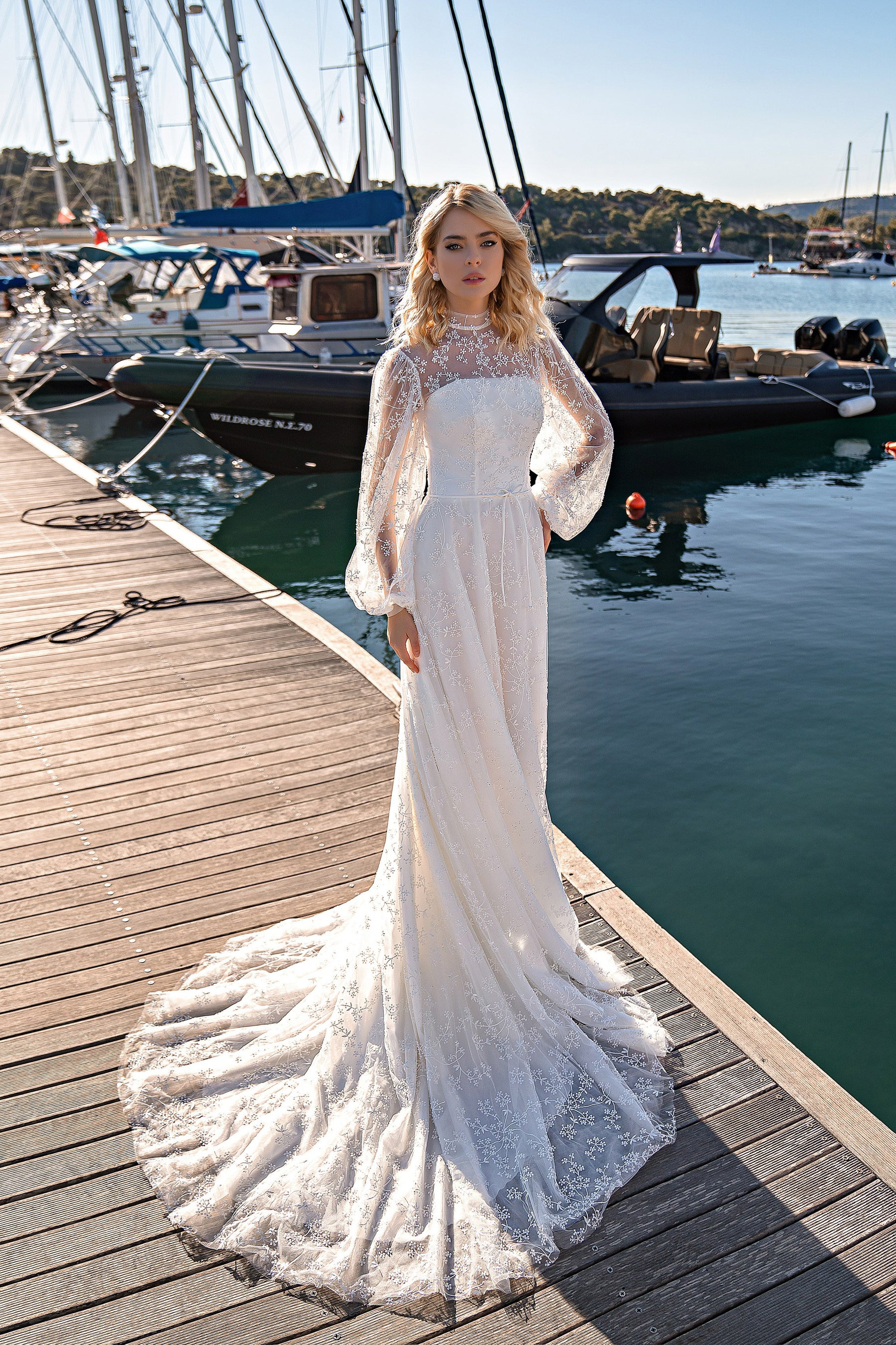 A-Line Wedding Dress with High Neck Embroidery