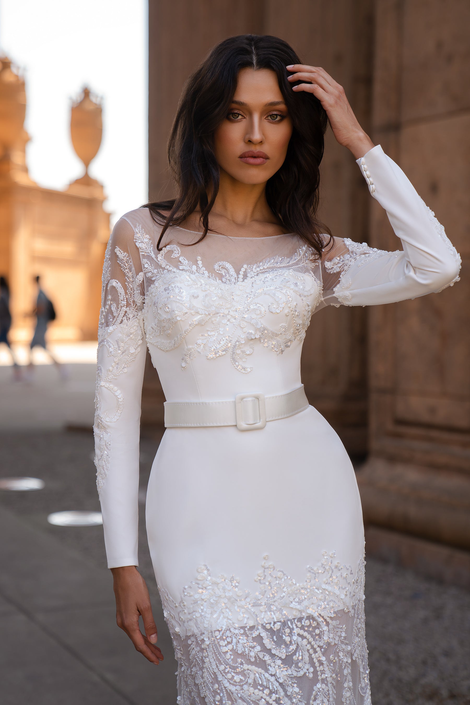 Designer Bridal Set - Mermaid Silhouette Dress w/ Long Sleeves, Detachable Train, Bâteau Neckline, Removable Belt, Stretch Crepe, Translucent Net, Guipure, Beads & Sequins