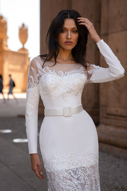 Designer Bridal Set - Mermaid Silhouette Dress w/ Long Sleeves, Detachable Train, Bâteau Neckline, Removable Belt, Stretch Crepe, Translucent Net, Guipure, Beads & Sequins