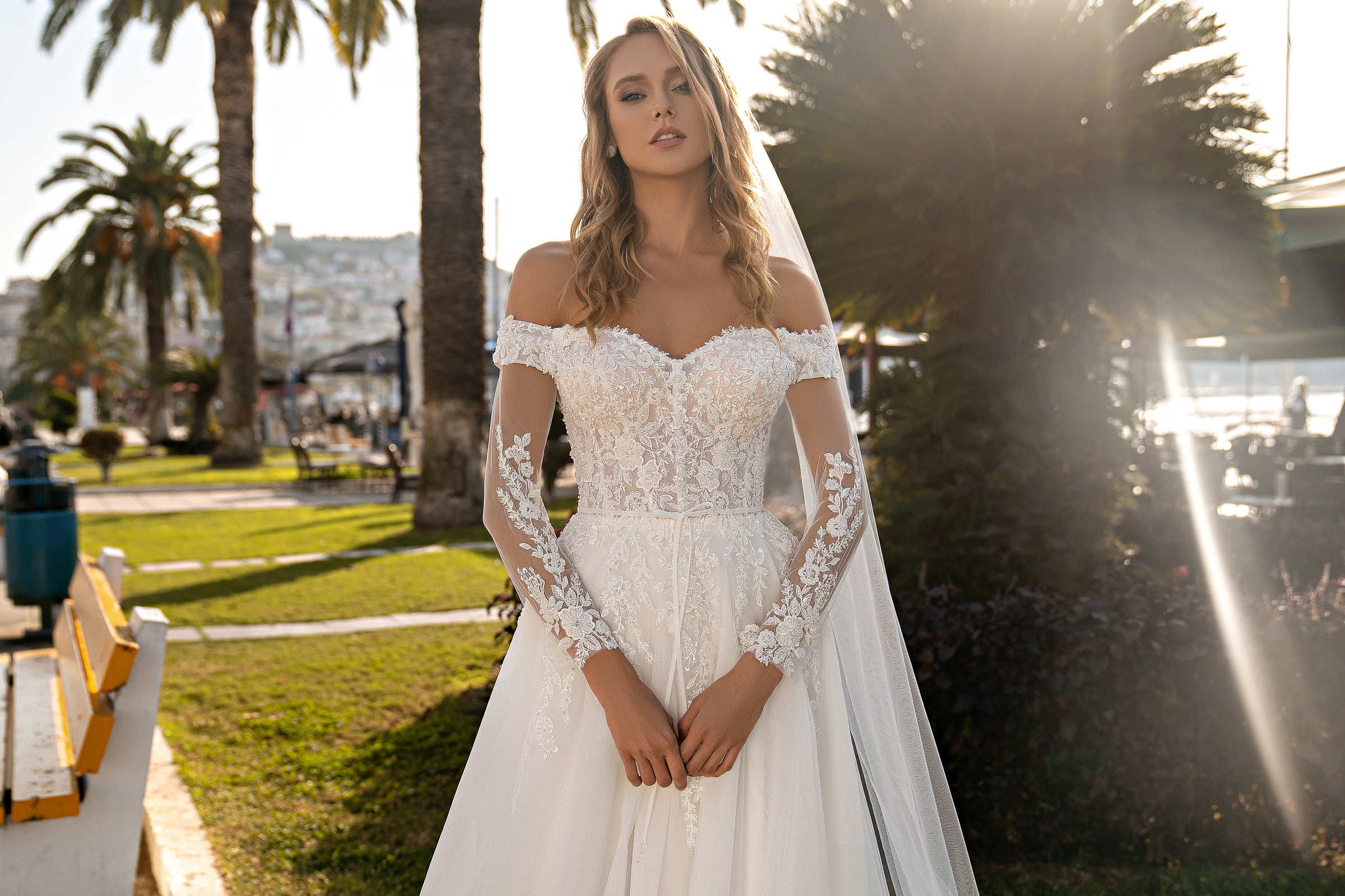 Beautiful Off-the-Shoulder Wedding Dress with Embroidered Guipure and Beads