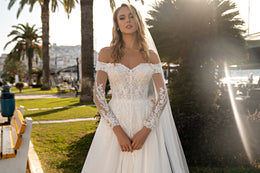 Beautiful Off-the-Shoulder Wedding Dress with Embroidered Guipure and Beads