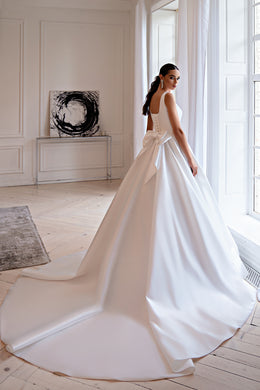 Mikado Luxury Wedding Dress with Embroidered Crystals and Removable Bow - Minimalist Style