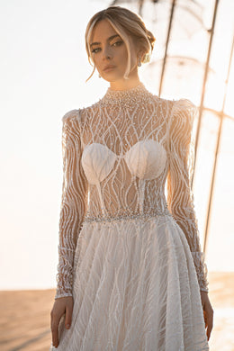 A-Line Wedding Dress with Beaded High Neck Bodice