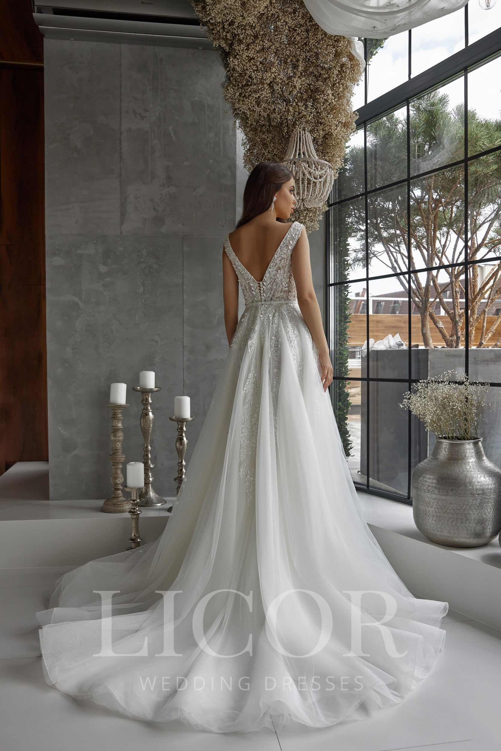 A-Line Wedding Dress With Beaded Lace Bodice, V-Neck, Sleeveless, Tulle Skirt, Lace Appliqués, Beading