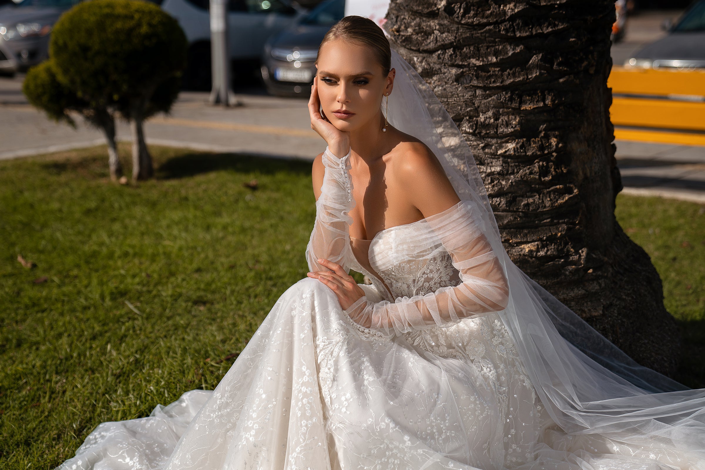 Luxurious Off-the-Shoulder Wedding Dress with Detachable Draped Sleeves and V-Neckline - Embroidered Guipure with Sequins and Soft Tulle Bodice with Beaded Appliqués