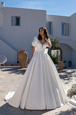 Luxurious Satin Wedding Dress with Train, Removable Bow, and Lantern Sleeves - Minimalist Style