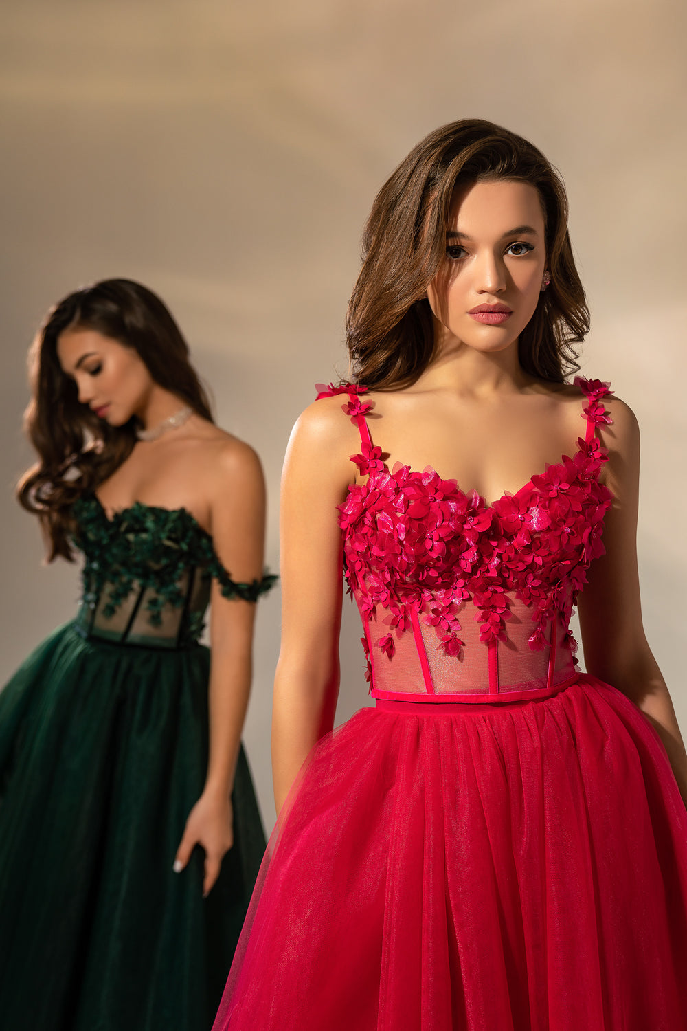 Women's Velvet Ribbon 3D Flower Shoulder Straps Evening Gown Set